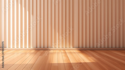 empty room with beige wall   wooden floor and spotlight  beige corrugated wall background with shadow sunlight. A bright beige room with a warm wooden floor and modern vertical blinds.