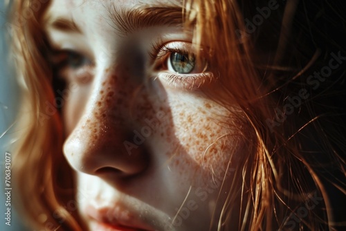 A close-up view of a woman with freckles on her face. This image can be used to depict natural beauty or diversity