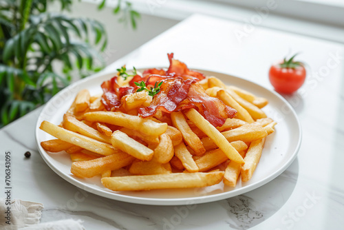 French fries with bacon and herbs on white plate, Generative Ai