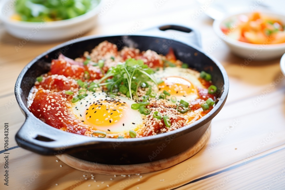 shakshuka in a deep dish, sprinkled with sesame seeds shakshuka in a deep dish, sprinkled with sesame seeds