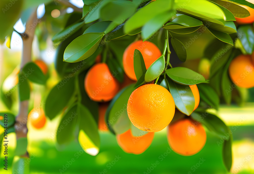 Fresh orange fruit on tree at orchard