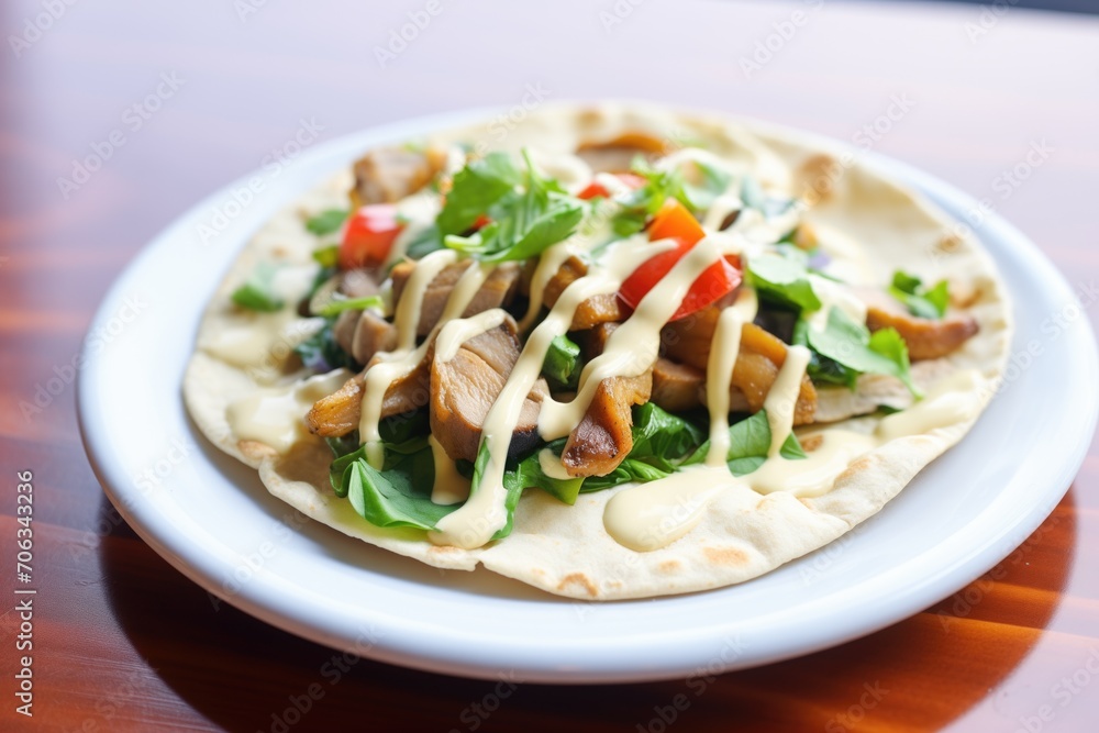 shawarma in pita with a drizzle of tahini sauce over top shawarma in pita with a drizzle of tahini sauce over top