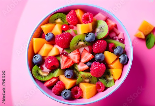 Bowl of healthy fresh fruit salad on pink background  top view