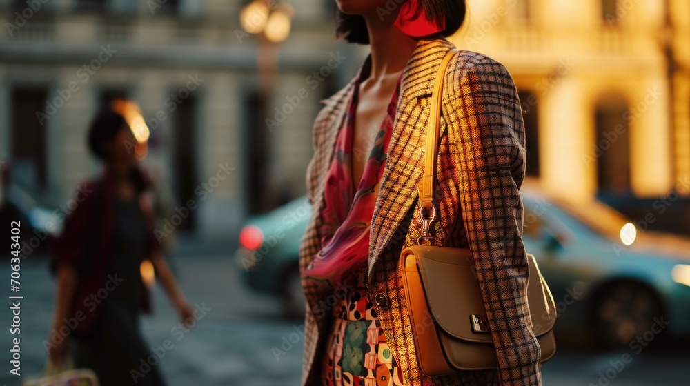 A woman walking down a street with her purse. Suitable for fashion, urban lifestyle, and city scenes