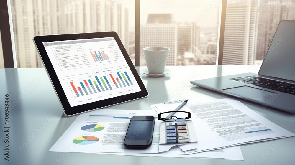 Financial graph on table, high angle and business group photo, with tablet phone and pen Financial graph on table, high angle and business group photo, with tablet phone and pen