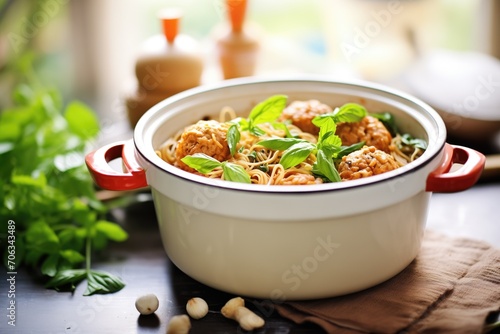 homemade spaghetti and meatballs in a rustic pot, kitchen background