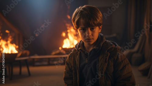  a boy in a war, behind him fire  © ZOHAIB