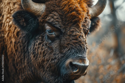 A close-up view of a bison's face with a blurred background. This image can be used to depict wildlife, nature, or the beauty of animals in their natural habitat