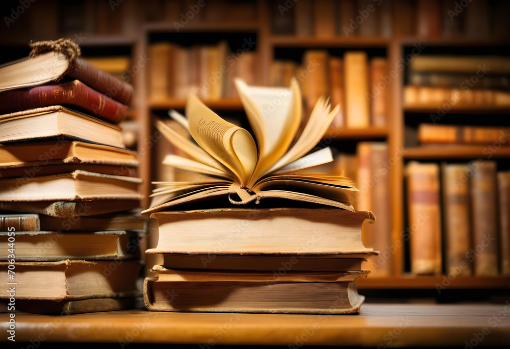 A stack of old books and flying book pages against the background of the shelves in the library. A stack of old books and flying book pages against the background of the shelves in the library.