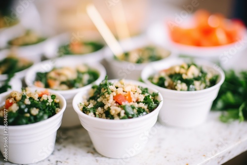 individual servings of tabouli in small cups for a party setting