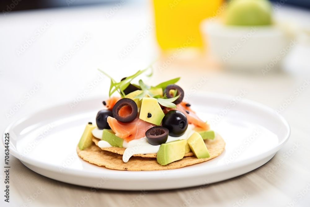 a taco with avocados, sour cream, and black olives, all neatly presented a taco with avocados, sour cream, and black olives, all neatly presented