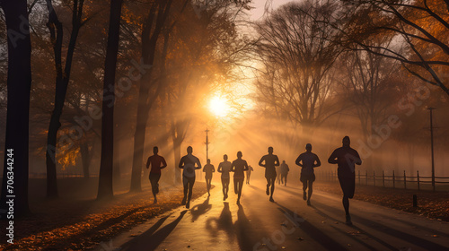 A group of runners runs at sunrise in the park in autumn