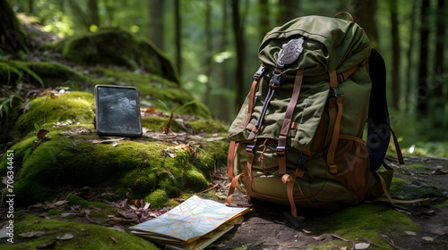 Backpack with necessary supplies ready to start the trail, while the map provides valuable navigation information photo
