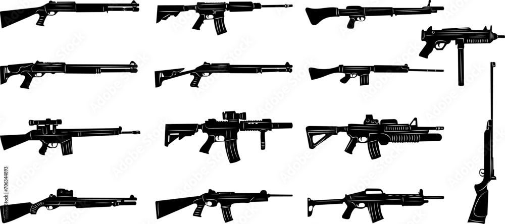 weapons, rifles set silhouette on white background, vector