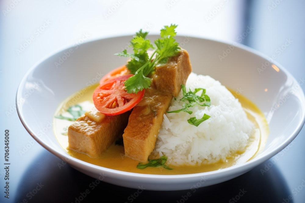 cubed tempeh in curry sauce with basmati rice cubed tempeh in curry sauce with basmati rice