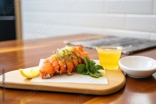tempura lobster tail with a side of lemon