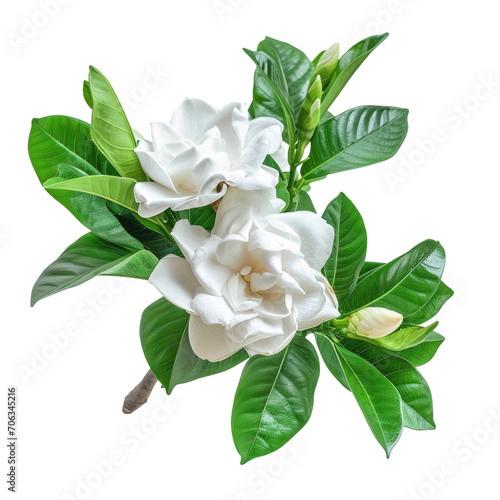 Bouquet of Gardenia cape jasmine flower plant with leaves isolated on transparent background  png