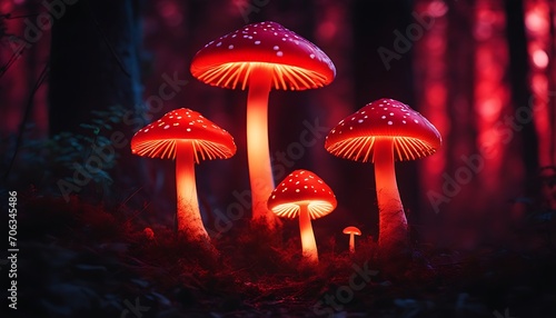 Red neon mushrooms glowing in a dark forest. Red mushrooms with twinkling lights on them. Bioluminescent mushrooms -beauty of nature