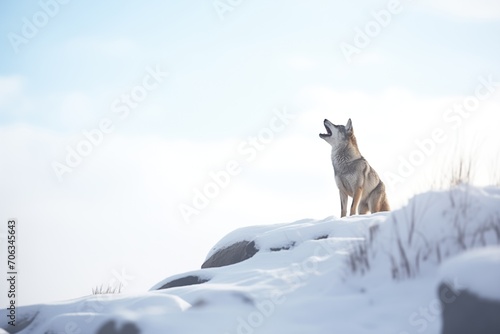 solitary wolf howling on snow-covered hill