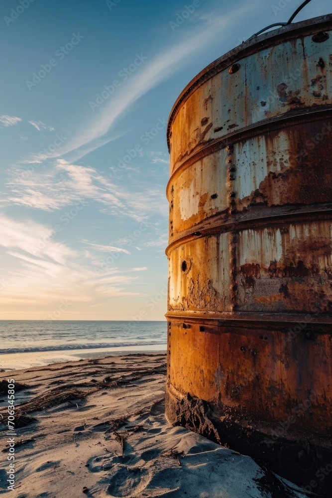 A rusted barrel sitting on top of a sandy beach. Perfect for industrial or beach-themed designs