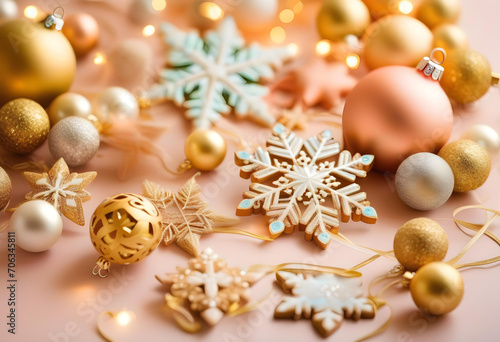 New Year Wishes! Top-view photo of chic tree decorations, golden