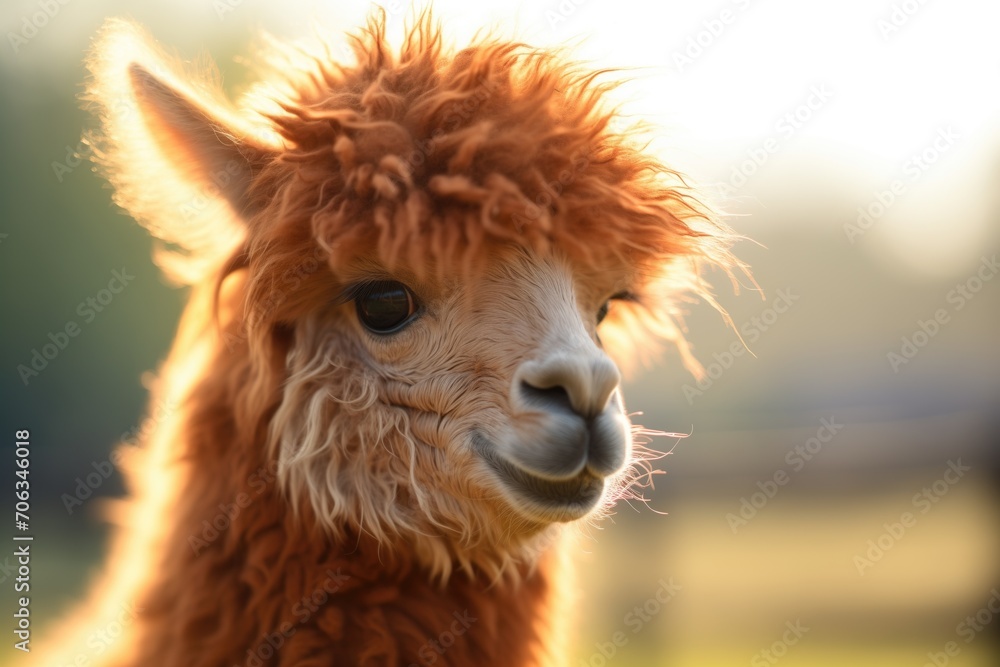 warm sunlight on fluffy alpaca head close-up