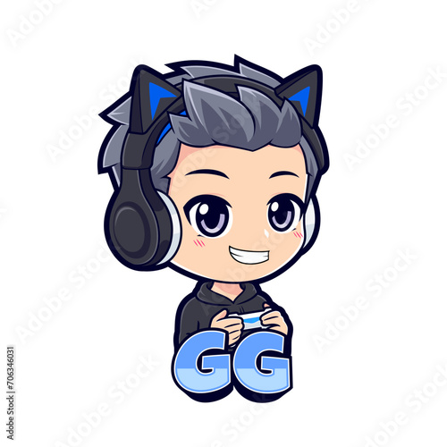 Chibi anime gamer boy cartoon character mascot logo vector