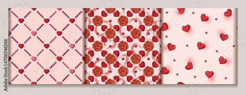 Valentines day geometric seamless pattern with red hearts, roses, bead strings. For wedding, engagement event, Valentines Day, gift decoration.