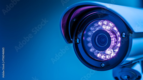 Close-up of a CCTV camera. Constantly tracking people or social security concept