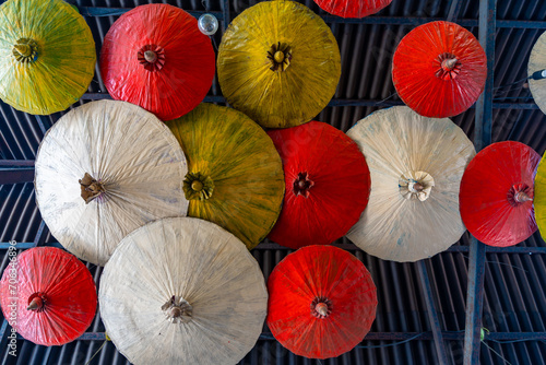 Japanese Style Colorful Umbrellas in floating open air market on the pond in Pattaya  Thailand