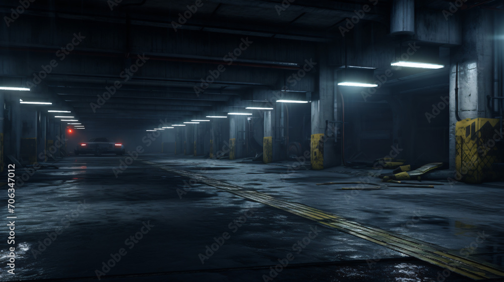 A dimly lit basement parking area