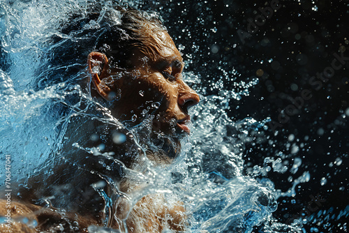 Athletic male figure surrounded by water, close up portrait, concept of strength, freedom, energy, freshness. photo