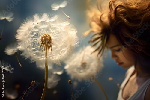Woman with a Dandelion Flower generative ai