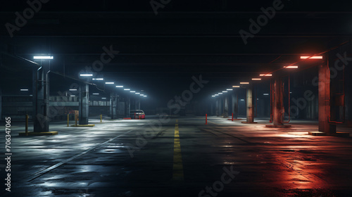 A dimly lit basement parking area