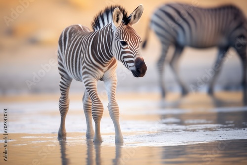 zebra foal胢s first visit to a waterhole with family © stickerside