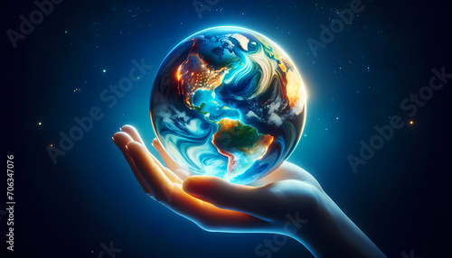 main tenant un Globe Terrestre flottant dans l'espace  idéal pour articles sur le changement climatique, émissions de gaz a effet de serre, la terre, l’environnement, l'écologie, l'espace, l'univers photo