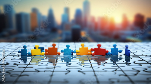 Business scene: five puzzle pieces. Each puzzle piece represents a key solution for business growth: communication, innovation, efficiency, teamwork, and data analysis. business strategy concept