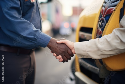 close-up of a handshake with a semi-truck in the background
