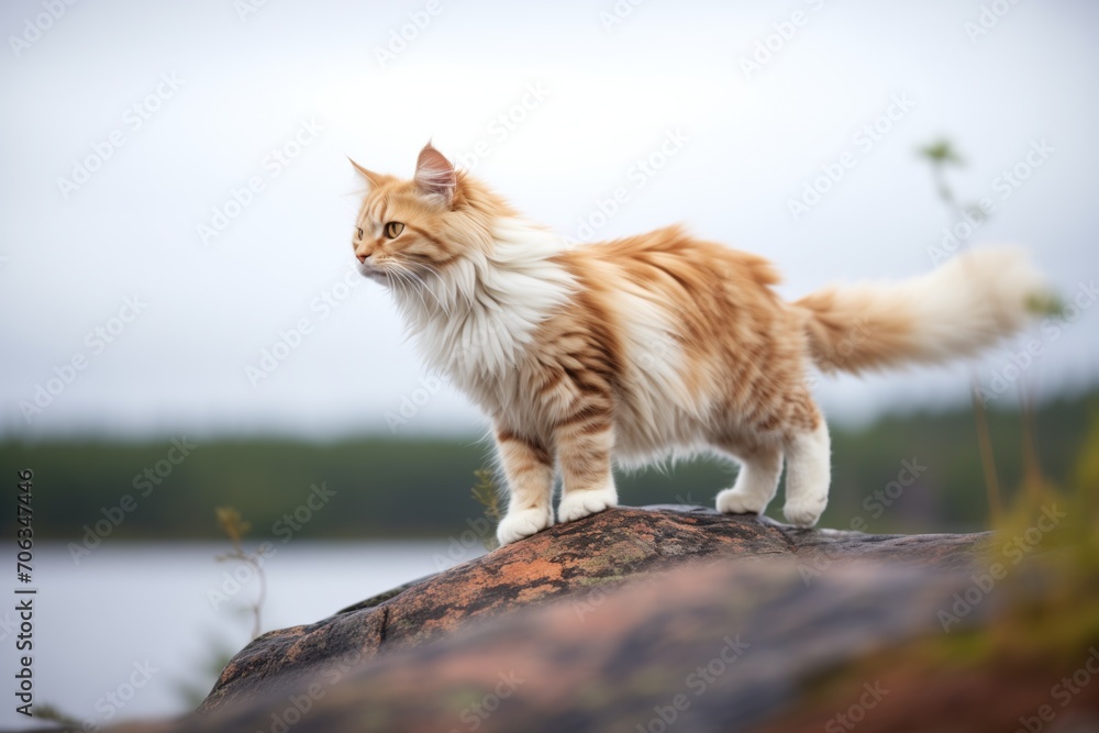 norwegian forest cat on a rock, poised to leap