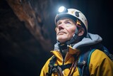caver with headlamp examining stalactites in a large cavern
