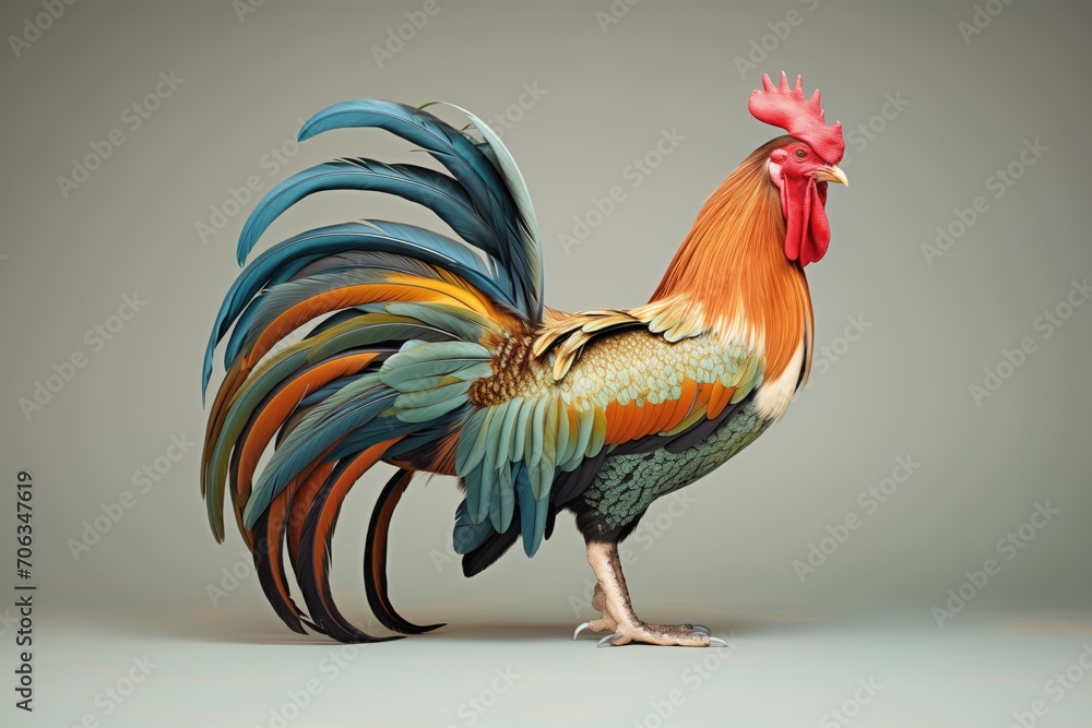rooster flaunting its glossy tail feathers
