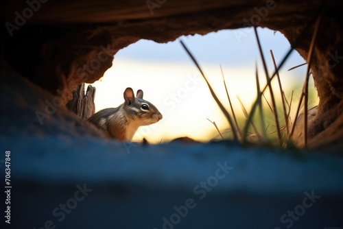 chipmunk silhouette in burrow entrance at twilight