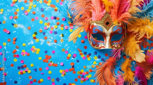 Carnival Confetti Euphoria. Feathered carnival mask on a confetti-covered blue surface. © AI Visual Vault