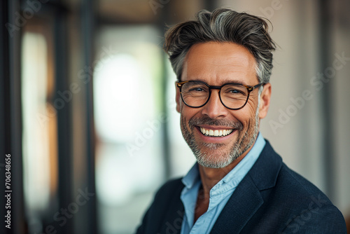 A Head shot Portrait of a Smiling 45-Year-Old Banker  a Happy Middle-Aged Business Man and Bank Manager. This Mid-Adult Professional  CEO  and Executive in His Office Exudes the Confidence