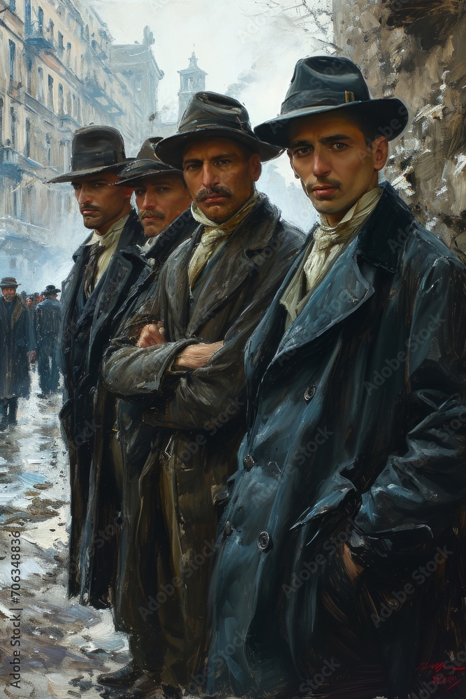 Illustrate a compelling 1900s mafia character study in oil paint, embracing the classic cinematic aesthetics of the crime-ridden era 