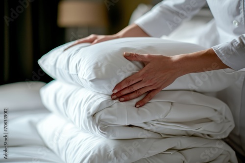 close-up of a hotel housekeeper meticulously arranging pillows and linens, emphasizing the dedication to cleanliness and comfort