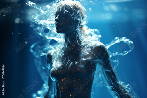 Athletic female figure surrounded by splashes of water, concept of variability, freedom, water elemental. on blue, underwater photo