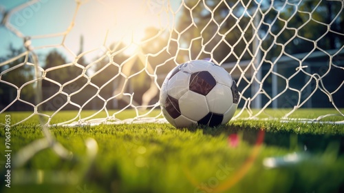 Soccer Ball in Net Signifying Goal on Sunny Day. © _veiksme_