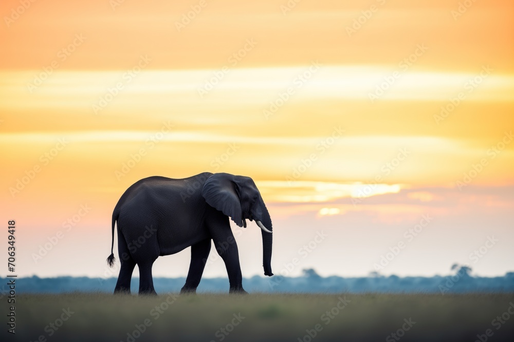 Fototapeta premium single elephant silhouette against a sunset in the savannah