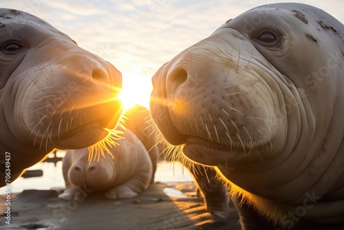 sun flare over elephant seals at sunset photo